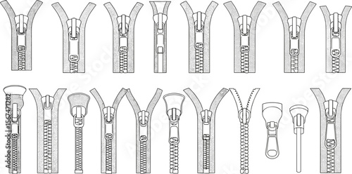 Zipper slider and pull tab variations cad drawing flat vector illustration, top and bottom views, mechanical closure styles, garment hardware sketch