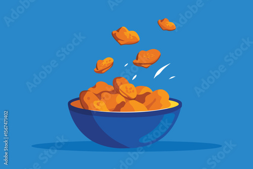 Bowl of Chicken Nuggets with Some Floating Above on Blue Background