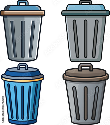Collection of four cartoon style trash cans with lids and handles