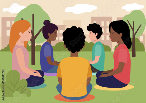 A diverse group of teenagers sit in a circle on the green grass of a park for a psychological support session. It is a therapeutic development and community gathering.