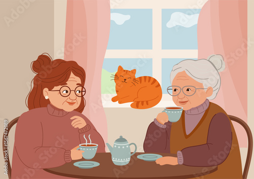 Two elderly women sitting at a table, drinking tea, talking, a cat on the windowsill. Senior friends enjoying social interaction, warm camaraderie, concept psychological support, longterm friendship