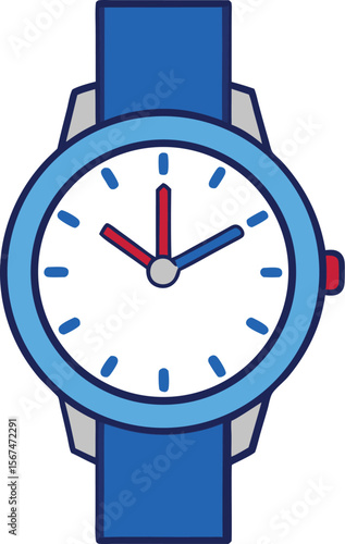 Simple flat design illustration of a blue wristwatch with a white face