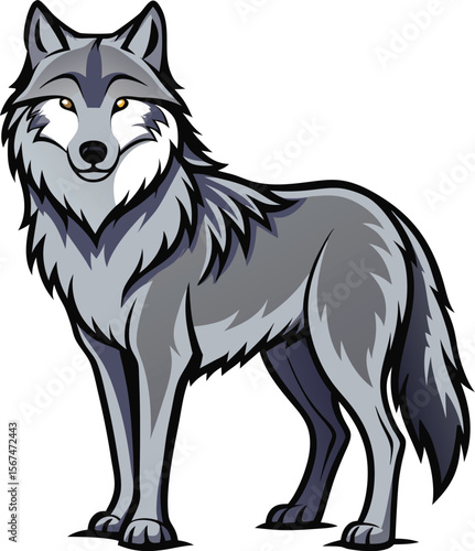 Stylized gray wolf standing proudly with alert eyes and fluffy mane