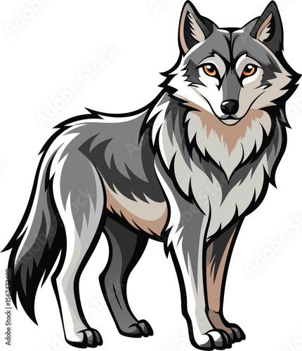 Stylized illustration of a grey wolf standing and looking forward