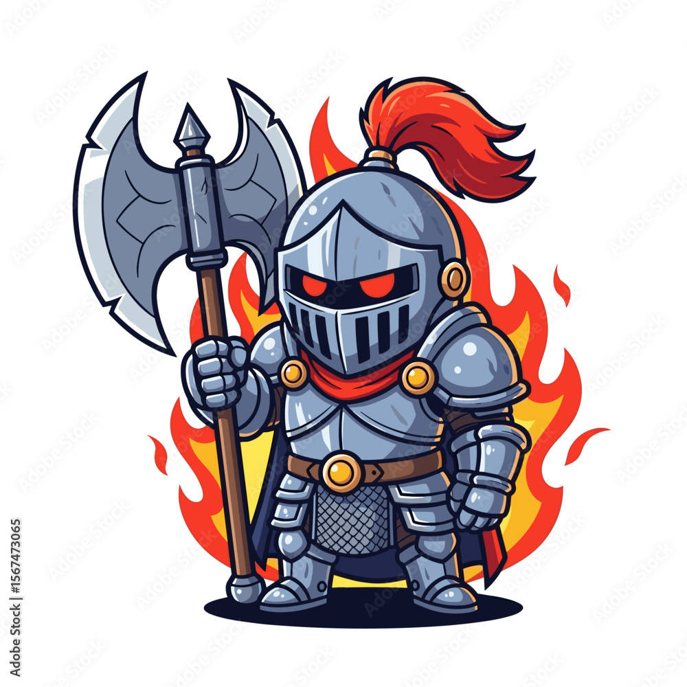 Obraz premium Cute cartoon knight in shining armor holding a battle axe with fire background