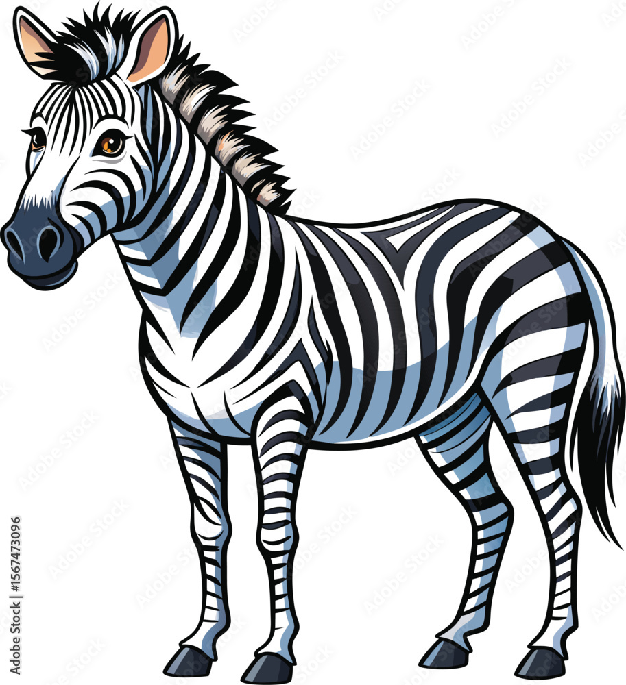 Obraz premium Cute cartoon zebra standing with black and white stripes isolated on white background
