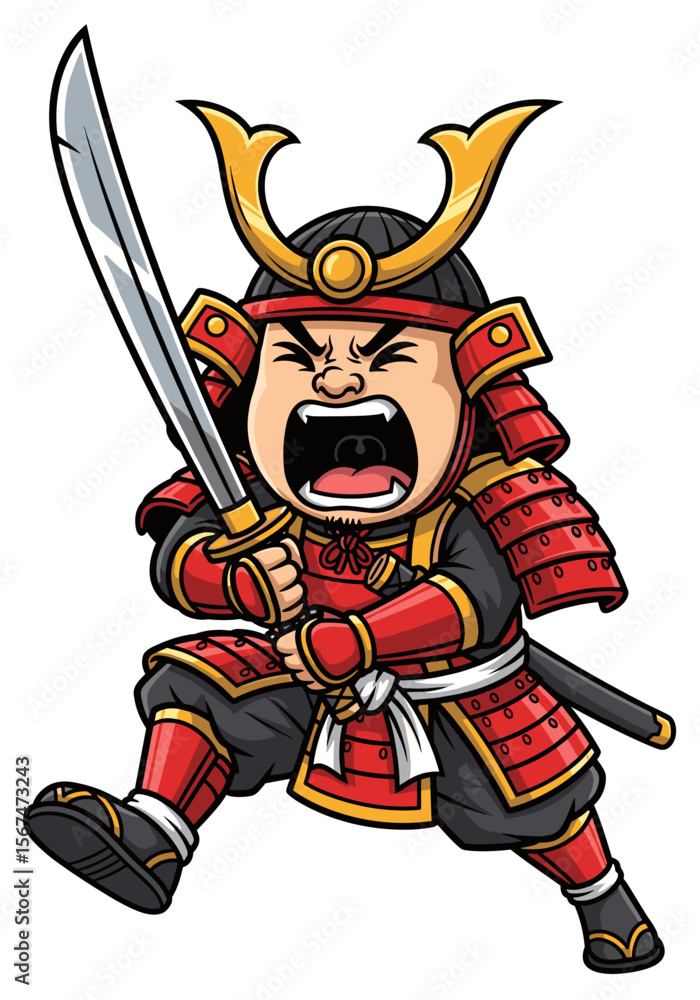 Chibi Samurai in Red Armor Yelling Battle Cry Chibi Samurai in Red Armor Yelling Battle Cry