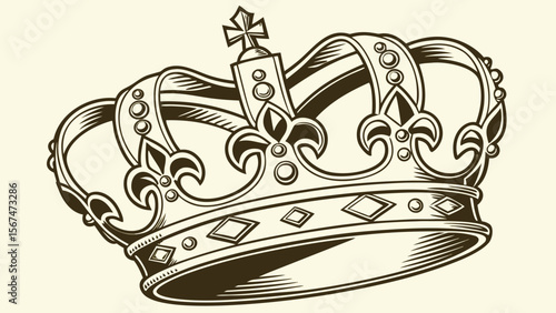 Illustration of a detailed royal crown with fleur de lis and cross on top in brown color design
