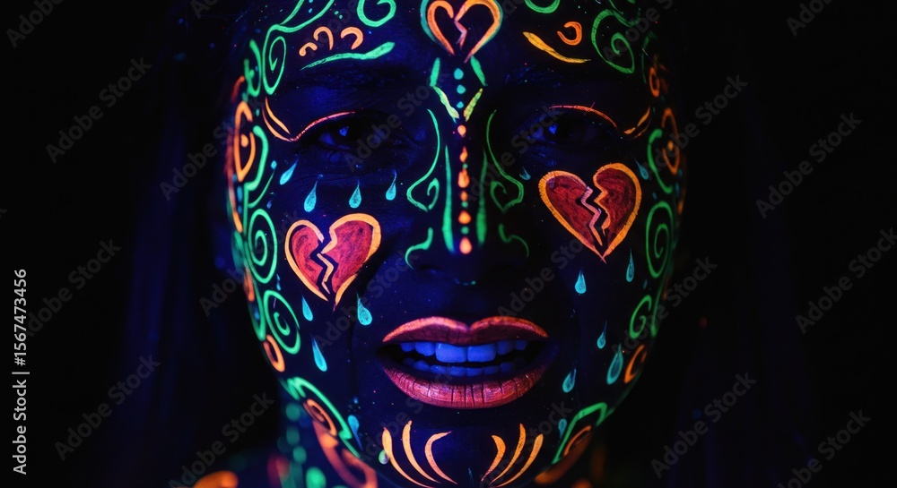 Naklejka premium Luminous face art with glowing broken hearts and swirling patterns under black light