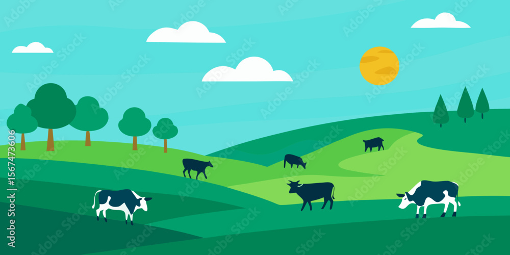 Lush green landscape with trees, mountains, and hills under a clear blue sky Lush green landscape with trees, mountains, and hills under a clear blue sky