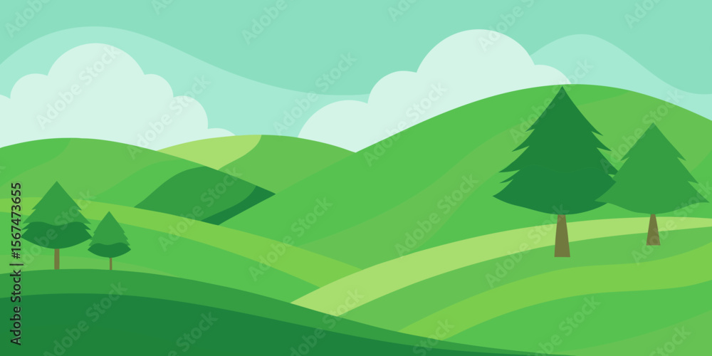 Fototapeta premium Serene landscape with trees, rolling hills, and distant mountains under a vibrant sky, capturing the essence of nature