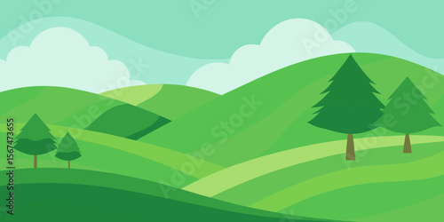 Serene landscape with trees, rolling hills, and distant mountains under a vibrant sky, capturing the essence of nature