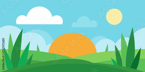 Easter eggs in a vibrant green meadow with rolling hills under a blue sky, illustrating a serene spring countryside