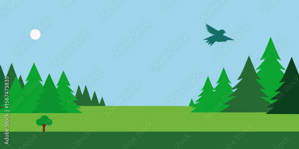 Obraz premium Vibrant vector landscape illustration of a forest with trees, mountains, and snow, perfect for winter holiday nature scenes
