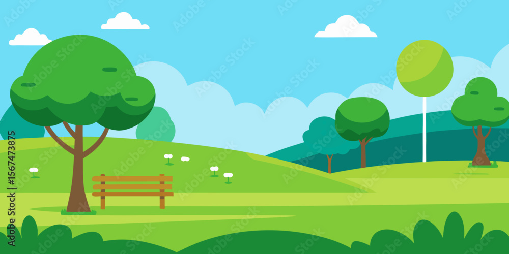 Fototapeta premium Vibrant summer landscape featuring green hills, a bright blue sky with fluffy clouds, and trees scattered across a sunny meadow