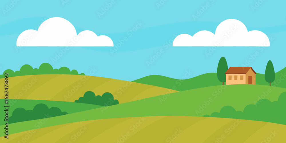A vibrant summer rural landscape with a house, green fields, and a blue sky dotted with white clouds, offering a scenic countryside view A vibrant summer rural landscape with a house, green fields, and a blue sky dotted with white clouds, offering a scenic countryside view