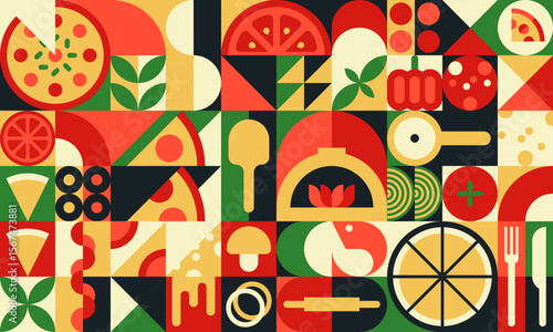 Pizza modern geometric pattern with pizza slices, ingredients and cooking utensils. Modern abstract vector background with bold colors, cheese, tomato, olives, mushrooms, basil leaves and oven shapes