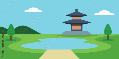 Ancient Chinese garden landscape with a temple, pagoda, and traditional wooden pavilion by a pond, under a serene sky