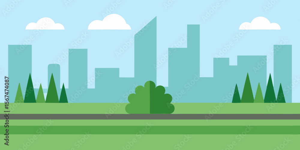 Fototapeta premium Man and woman walking through an urban landscape with green trees and modern architecture under a cloudy sky