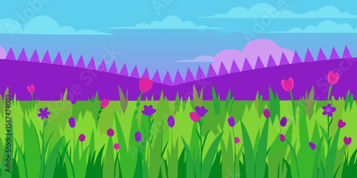A vibrant spring landscape featuring a meadow with an array of colorful flowers, green grass, and a bright sky, ideal for nature-themed designs