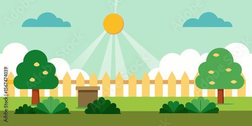 Cartoon illustration of a summer landscape with trees, a house, and a fence in a rural village meadow under a sunny sky
