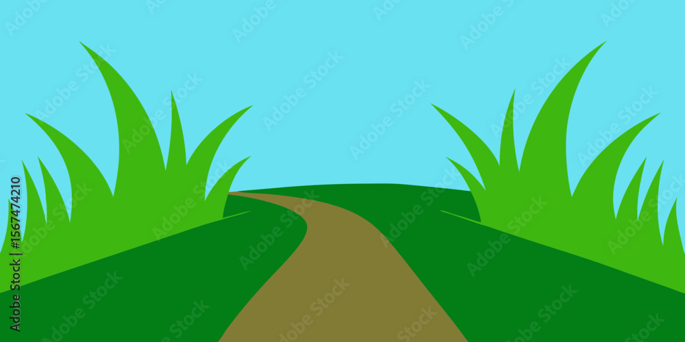 Obraz premium Green meadow landscape with a winding road and hills under a summer skyGreen meadow landscape with a winding road and hills under a summer sky