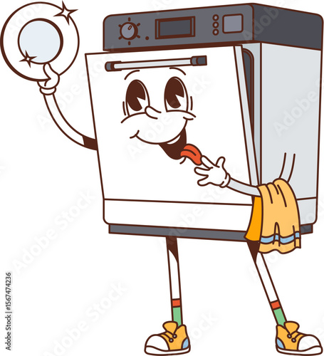 Cartoon groovy happy retro dishwasher furniture and interior character with big eyes, tongue out, sneakers, holding a sparkling plate and a towel. Vector funky vintage y2k kitchen appliance personage