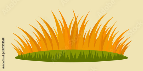 Abstract orange sunset with green grass and yellow flowers in a spring meadow landscape illustration