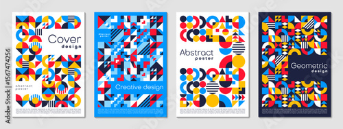 Abstract business posters with geometric pattern. Vector set of vintage art backgrounds or layout vertical templates featuring minimal circular, triangular and square shapes in red, blue and yellow.