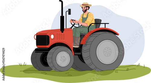 Farmer gardener character in tractor on field for agrarian agriculture, vector farm people. Farmer man or gardener worker in tractor, harvesting crop or ploughing soil in farming field of farmland
