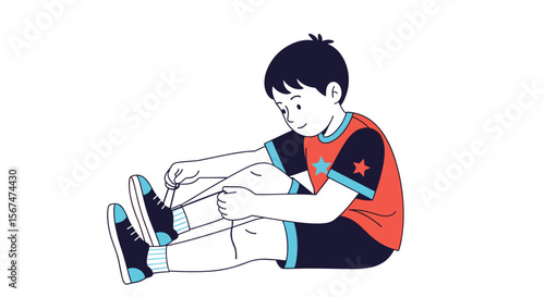 Young boy diligently learning to tie his shoelaces an important childhood milestone skill development