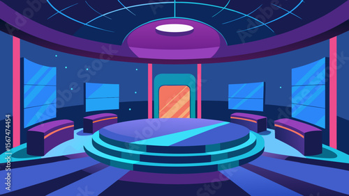 A vibrant 3D render of a modern casino interior, bathed in red light, with a fun roulette wheel