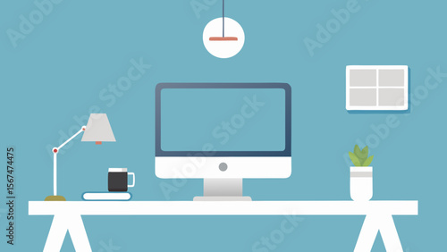 Television and computer monitors on a desk displaying digital business and technology icons