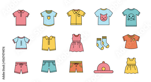 Collection of childrens clothing items icons including shirts dresses shorts and accessories