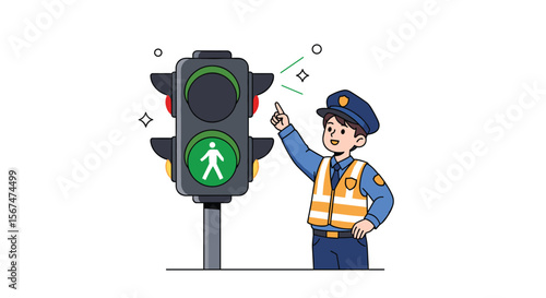 Illustrator of a traffic policeman standing near a traffic signal indicating the pedestrian crossing green light