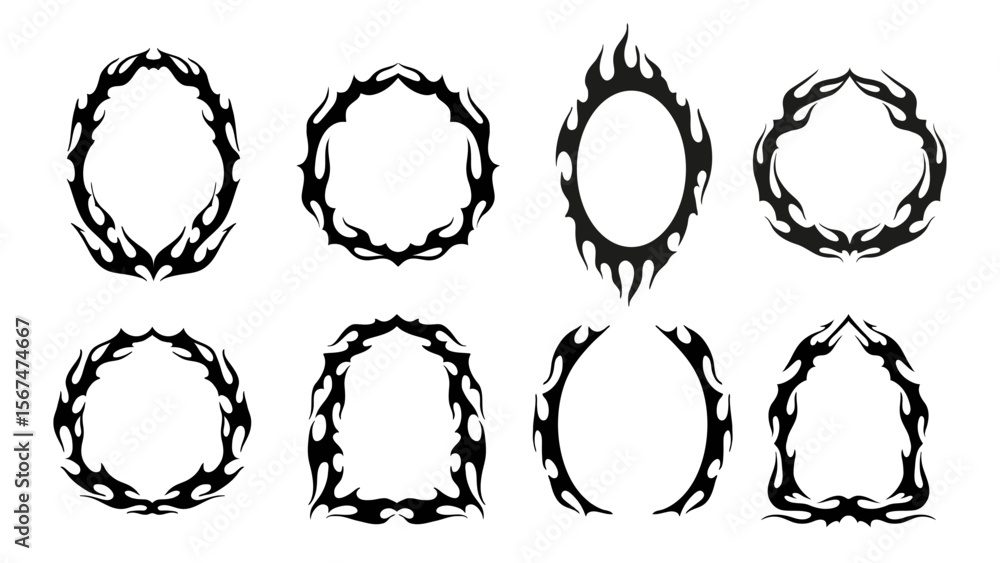 Fototapeta premium Tribal gothic frames with vector borders of fantasy y2k ornaments. Neo gothic black frames for tattoo or horror Halloween decoration. Abstract tribal fire flames and sharp spike branches border lines
