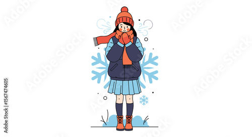 A young girl bundled up warmly against the winter chill with snowflakes around her