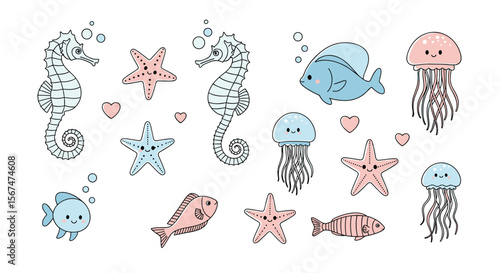 Charming underwater world collection featuring cute seahorses starfish and jellyfish illustrations