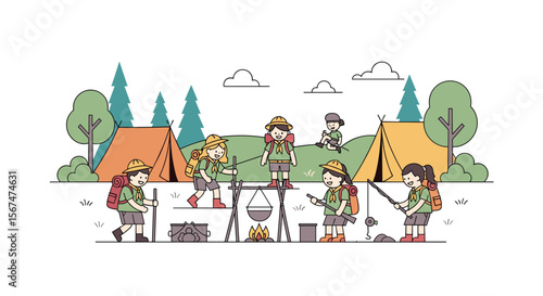 Outdoor adventure campers gather around a warm campfire enjoying their activities together