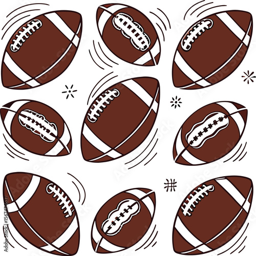 Collection of cartoon american footballs in various positions with motion lines