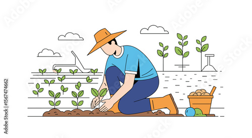 Farmer diligently planting young green sprouts into fertile soil under a bright sunny sky