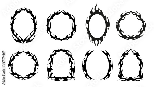 Tribal gothic frames with vector borders of fantasy y2k ornaments. Neo gothic black frames for tattoo or horror Halloween decoration. Abstract tribal fire flames and sharp spike branches border lines