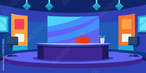 Modern Television Studio Set Design Broadcast News Desk and Backdrop