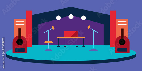 Stage Design Concert Venue Illustration with Microphones and Speakers