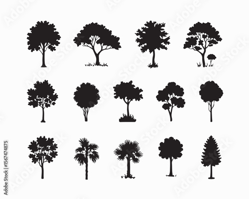 diverse tree silhouettes vector illustration, perfect for nature, park, and landscape themes. Ideal for forest scenery in graphic design projects.