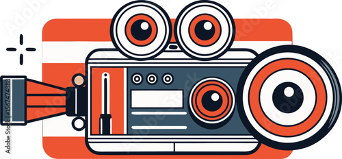 Stylized retro movie camera with large lenses and orange and white stripes