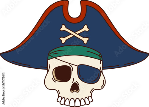 Cartoon groovy skull pirate, corsair and captain character in cocked hat. Isolated vector Jolly Roger filibuster or sailor skeleton in tricorn cap grins menacingly, exuding spooky seafaring y2k vibe