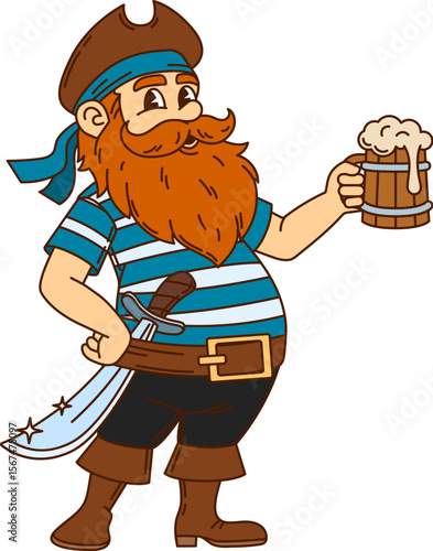 Cartoon groovy corsair or pirate character with beer pint and saber sword, vector personage. Groovy pirate or boatswain in captain hat, Caribbean sailor skipper or corsair with wooden mug of beer ale