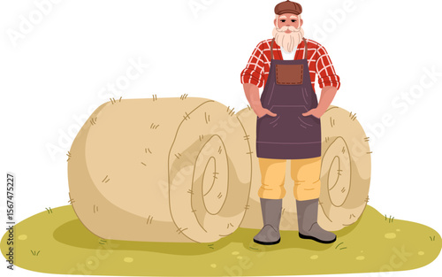 Farmer gardener character and hay rolls on field for agrarian agriculture, vector farm people. Farmer man or gardener worker with haystack for cattle farm, agrarian farming and livestock fodder