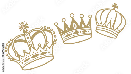 Three golden crowns of varying designs displayed in a row on a plain white background image view
